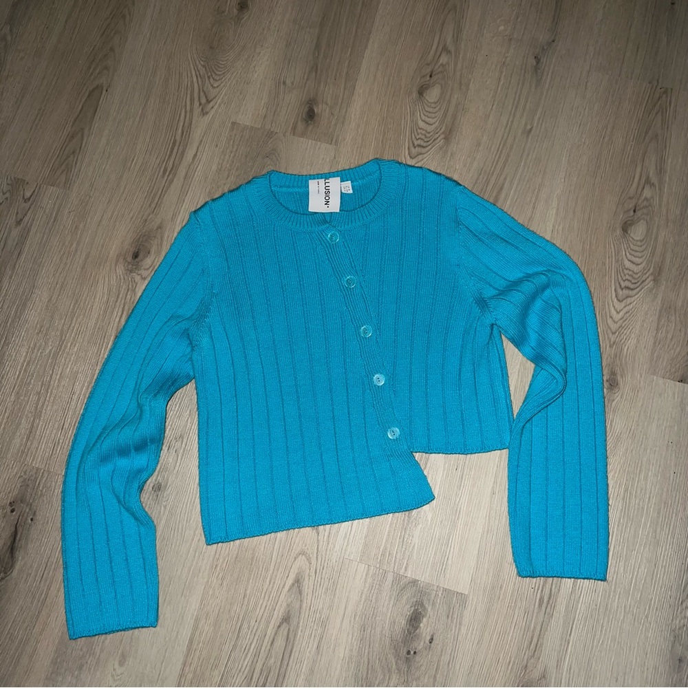Collusion Blue Ribbed Asymmetrical Button Cardigan Sweater Women’s Size 12